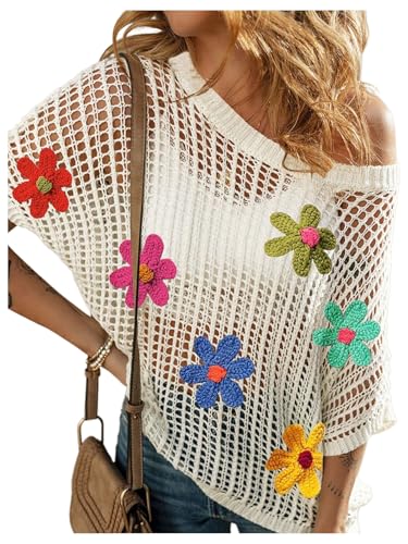 Women's Floral Crochet Tops Hollow Out Dolman Sleeve Applique Sweater Boho Summer Spring Top