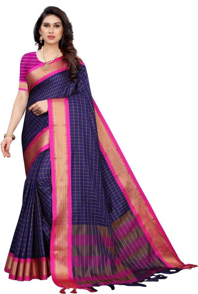 Siya Enterprise SIY SILK STUDIO UPADA CHEX COTTON FANCY SAREE (BLUE_RANI)