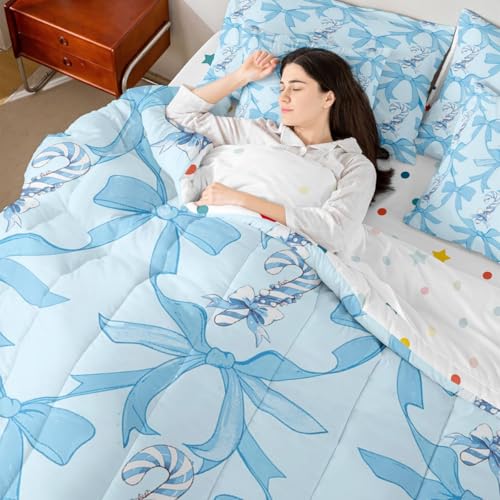 Image of Kawaii Comforter Set 7 Piece Bed in a Bag Twin | Blue Bow Bedding Sets Santa Sticks Candy Canes Comforter and Sheet Set, Dreamy Ribbon Princess Bowknot Bed Sets,Cute Aesthetic Room Decor