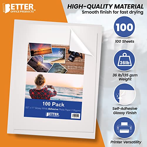 Self-Adhesive Photo Paper, Sticky Photo Paper, Glossy, 8.5 X 11 Inch, 50 Sheets, By Better Office Products, 135 Gsm, Letter Size, 50-Count Pack #TOP2