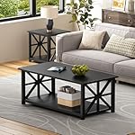 GreenForest Coffee Table with Round Corner, Farmhouse Center Table with 2-Tier Storage Shelf X-Frame Design for Living Room, 39 inch Black - Image 2