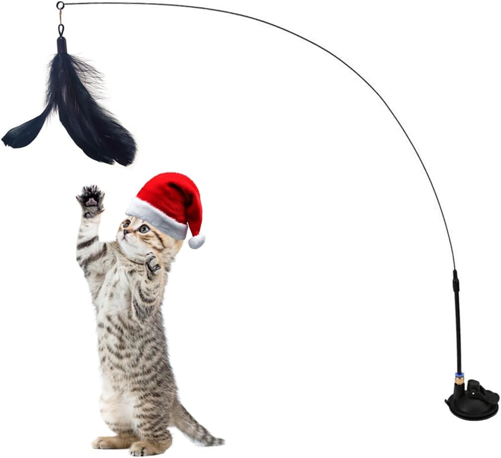 Qpets® Cat Toys for Persian Cat, Interactive Cats Teaser Wand Toys for Kitten with Bell & Feather, Sticky Suction Cup Base Elastic Stick Fun Indoor Pet Playing Accessories