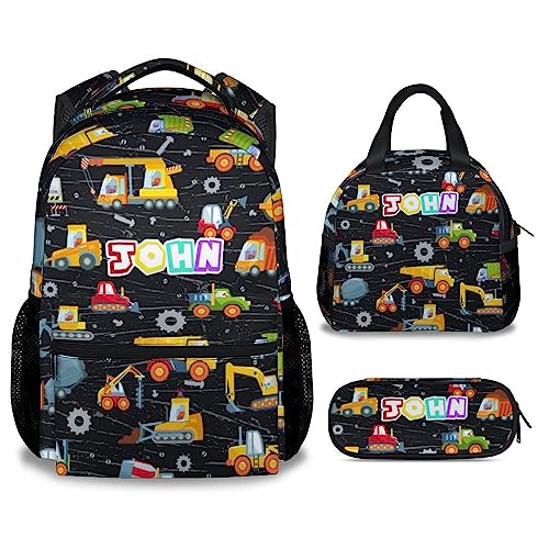 Custom Construction Backpack with Lunch Box, Personalized Set of 3 School Backpacks Matching Combo, Cute Lightweight Truck Excavator Bookbag and Pencil Case Bundle