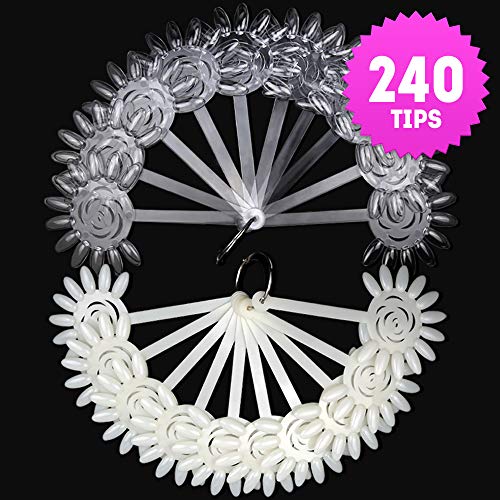 Teenitor Total 240 Tips Nail Sticks 120 Pcs Clear False Tips &120 Pcs White False Tips Nail Polish Wheel Boards Color Display Boards Kit Nail Art Fan Practice Tool Binder Ring Holder