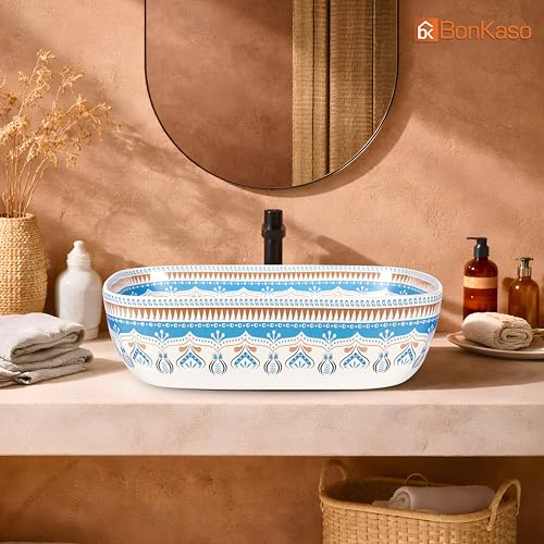 Image of Bonkaso Moroccan Designer Table Top Wash Basin | 45 x 32.5 x 13.5 cm Countertop Ceramic Bathroom Sink | Polished Modern Big Vanity Wash Basin for Bathroom & Living Room (Blue Pattern)