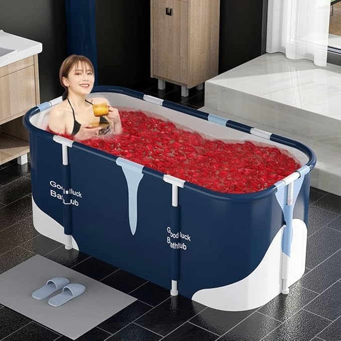 Image of Lexara Portable Folding Bathtub for Bathroom - Large Freestanding Soaking Tub with Thick Insulated, Ice & Hot Spa Tub, Collapsible Cold Plunge Therapy, Muscle Recovery Tub (Milk)