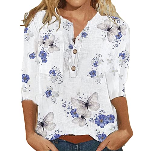 unilarinna Damenoberteile Vintage Bluse 3/4 ärmel Blusenshirt Basic Sommeroberteile Modisch Longshirt Freizeithemd O Ausschnitt Tops Plus Size Oberteil Elegant Hemd Print Tuniken Cover