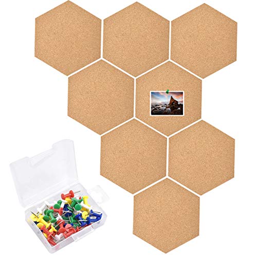 HQdeal 8 Piezas Tablones de Corcho Autoadhesivo, Pizarra Corcho Hexagonal, Corcho Pared, Tableros de Anuncios para Colgar Fotos, Decoración del Hogar y Oficina, con 50 Agujas