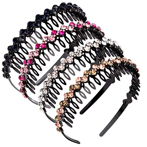 Didder 4 Pack 4 Wave Rhinestone Headbands Teeth Comb Headbands Comb Crystal Hair Hoop for Women
