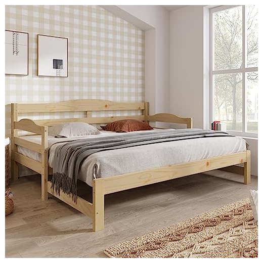 Merax Sofa Bed with Curved Design, Extendable Pull out Trundle, Modern Daybed for Living Room and Bedroom, Suitable for 1-2 Sleepers, Natural, 90-176x190cm