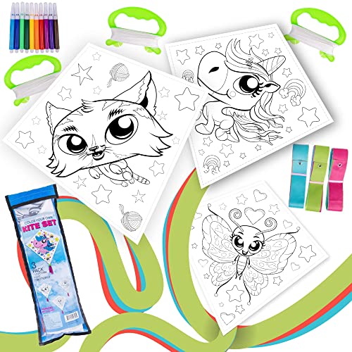 Hapinest Make Your Own Kite Kit for Kids | Easy to Fly Kites Easter Basket Stuffers Outdoor Toys and Crafts for Girls Ages 4 5 6 7 8 9 10 11 12 Years Old and Up | 3 Pack - Unicorn, Cat, Butterfly