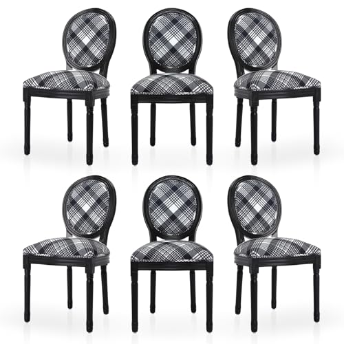 HomeMiYN Lot de 6 Chaise Medaillon, Chaise de Salle à Manger Bois de Style Louis-XVI en Tissu Lin,Françaises Vintage Ovale Classique Assise rembourrée pour...
