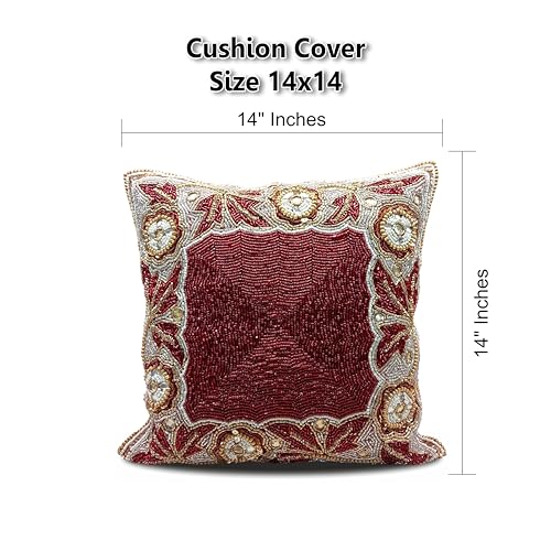Linen Clubs Beaded Throw Pillow Cover/Euro Sham/Cushion Sham, Super Luxury Soft Pillow Cases-square design 14x14 Red Gold Multi - Image 4