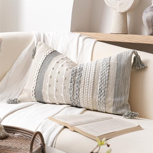 BlissBlush Gray Decorative Lumbar Pillow Cover 14x24, Grey Boho Long
