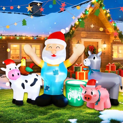 Blafly Inflables de Navidad de 8 pies, Papá Noel con animales de granja, decoración inflable inflable con luces LED integradas para exteriores, interiores, vacaciones, jardín, patio, decoración de