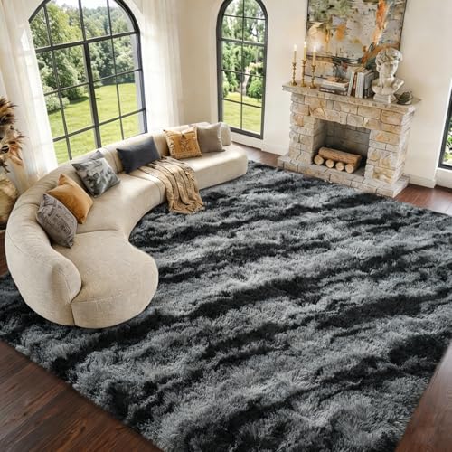8x10 Extra Large Fluffy Area Rugs Non-Slip for Living Room Tie-Dyed Black