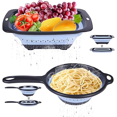 Collapsible Colander - BPA Free Silicone Food Strainer with Plastic Handle - Heavy Duty Foldable Heat Resistant Pasta and Vegetable Kitchen Drainer Steam Basket - Dishwasher Safe - 2 Pieces (Blue) Cover