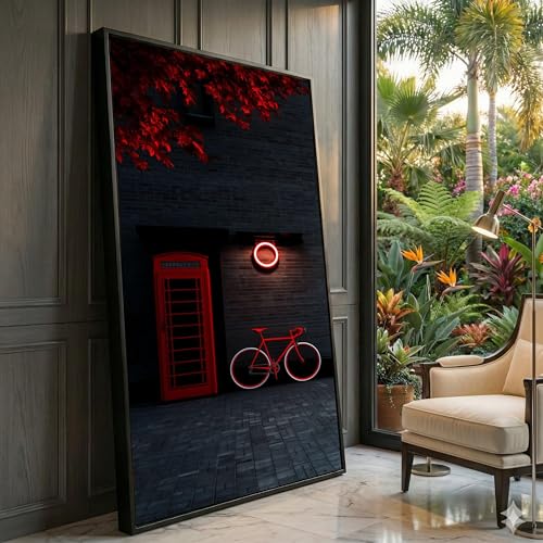 Toile cabine téléphonique rouge vintage décoration murale salon tableau vélo néon 50x90
