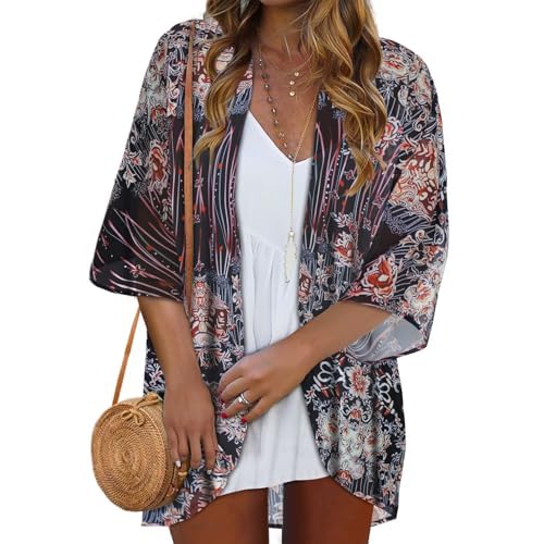 Kimono Cardigans for Women Bikini Summer Tops Bathing Suit Cover Ups Hawaiian Shirts (Luxuriant Flowers,S)