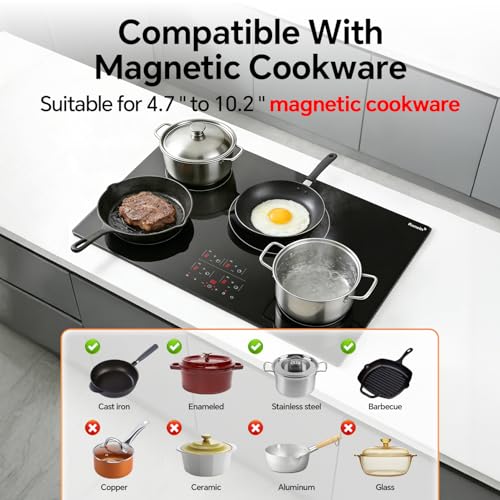 Image of Ranein Induction Cooktop 30 Inch, Build-in 4 Burners Electric Stove Top, 9 Power Settings, Max 7800W, Sensor-Control Induction Hob with Multiple Safety Protections, Compatible with Magnetic Cookers