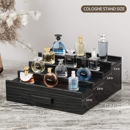 Image of Solid Walnut Cologne Organizer for Men, 4 Tier Cologne Stand, Wooden Cologne Holder Display Shelf with Drawer Storage and Hidden Compartment, Black Perfume Stand Organizer, Gifts for Men