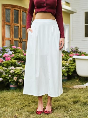 Women's Casual A Line Midi Skirt High Waisted Curved Gathering Flowy Long Skirts with Pockets4