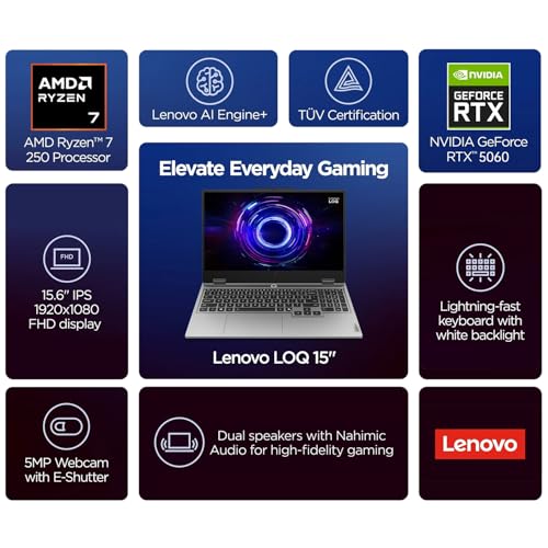 Image of Lenovo LOQ RTX 5060 Gaming Laptop, 15.6 inch FHD 144Hz NVIDIA G-Sync Display, AMD Ryzen 7 250, NVIDIA GeForce RTX 5060, 16GB DDR5 RAM, 1TB SSD, 5MP Privacy Camera, Ethernet (RJ45), Backlit KB, Win 11 Pro