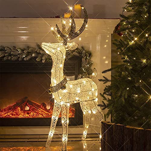 EAMBRITE 48” 70 LT Pre-Lit Christmas Glittering Reindeer with Gold Jingle Bell and Twinkle Light Outdoor Holiday Mesh Standing Buck Deer Decorations for Home Lawn Yard Garden Indoor Outdoor