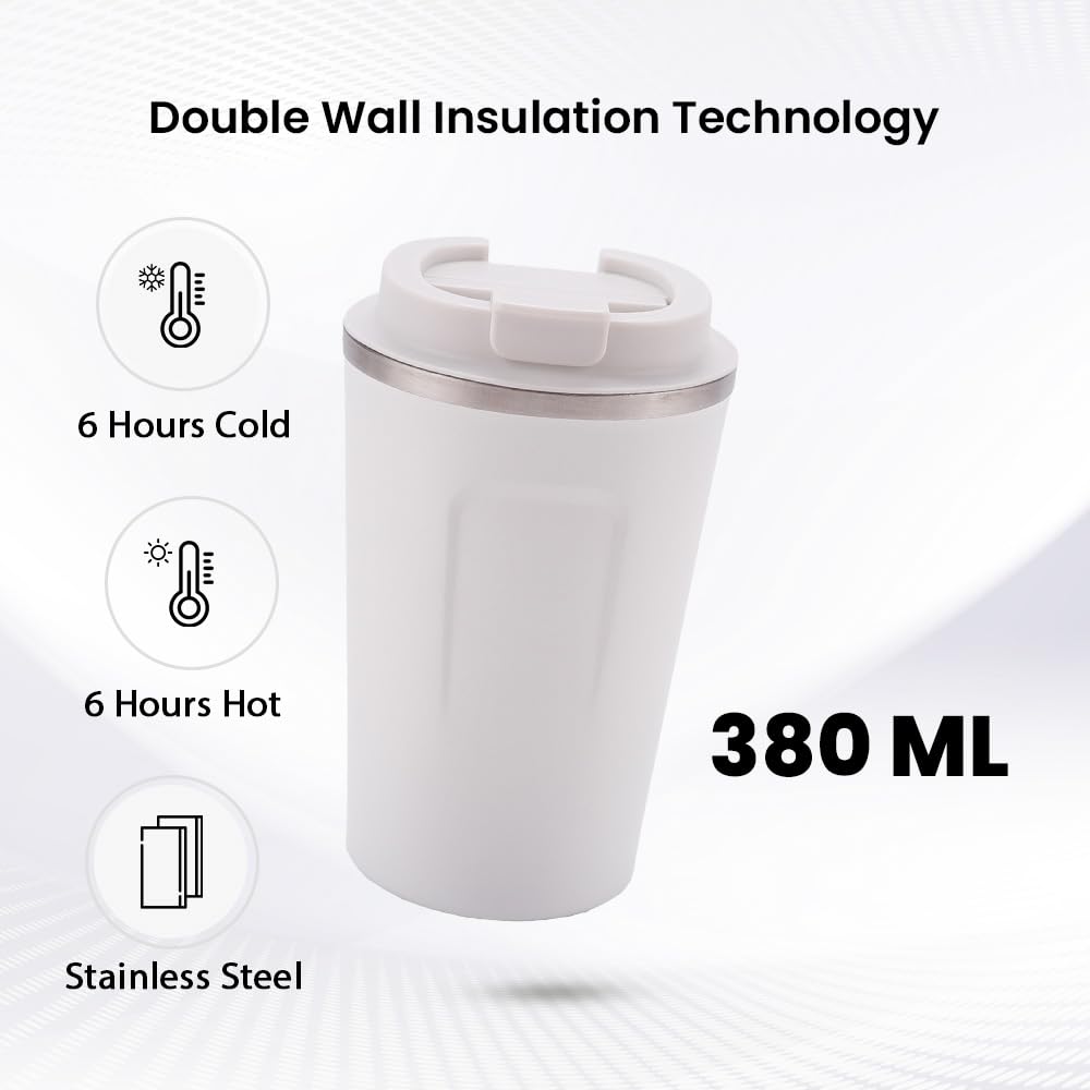 Kuber Industries Izolowany kubek do kawy ze stali nierdzewnej z ustnikiem z przepychem | podróżny kubek do kawy "380 ml"| biały