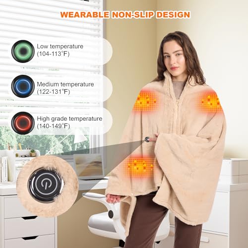 Moteoza 160x90cm Heizdecke Kabellose mit 16000 mAh Akku, Flanell Elektrische Wärmedecke mit 6-Zonen-Heizung, 3 Temperaturstufen, Waschbar Heizdecke zum Anziehen für Sofa, Büro, Auto, Camping(Khaki)