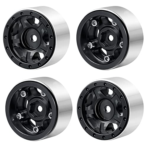 Que-T 4pcs 1.0inch Metal Beadlock Wheel Rims Hubs for 1:24 Axial SCX24 AXI0081 AXI00001 C10 AXI00002 JLU RC Car (Black)
