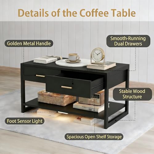 Image of Multi-Functional Coffee Table with Foot-Sensor Light, 2 Large Drawers & Open Shelf, Sturdy Frame Versatile Coffee Table with Vintage Metal Handle for Living Room /Office /Outdoor Patio
