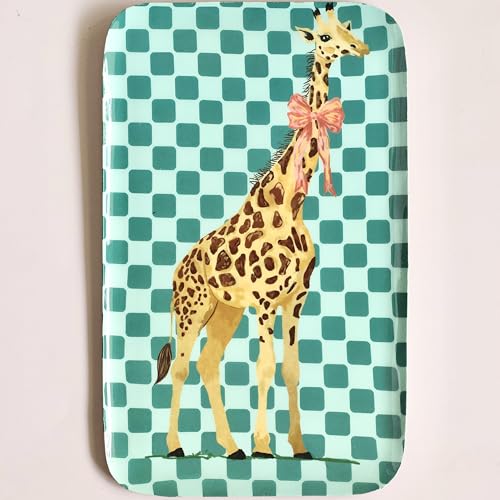 Image of The Wishing Chair High Society Metal Wall Plate | Decorative Iron Wall Art with Giraffe Design & Teal Checkered Pattern | Quirky Animal Wall Hanging Decor for Living Room, Bedroom & Kids Room
