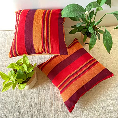 Image of RANGBHAR Handloom Cotton Cushion Covers with Concealed Top Zip, Striped /Solid Cushion Covers for Living Room, 16 x 16 inch, Red, Pack of 2