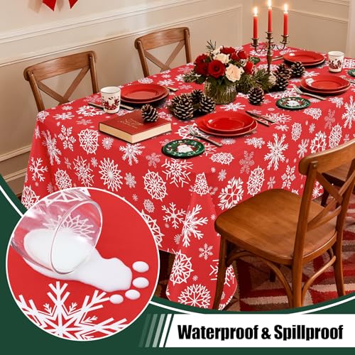 misaya Rectangle Waterproof Vinyl Table Cloth, Wipeable Tablecloth with Flannel Backing, Plastic Table Cover for Dinner, Christmas Party (Red Snowflake, 60" x 84") – Image 4