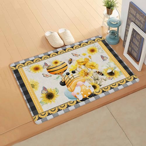 Gnomes Bee Antifatigue Kitchen Bath Door Mat Cushioned Runner Rug,Washable Welcome Floor Sink Mat,Waterproof & Non-Slip Standing Doormat for Kitchen,Sunflower Eucalyptus Leaves Buffalo Plaid 24