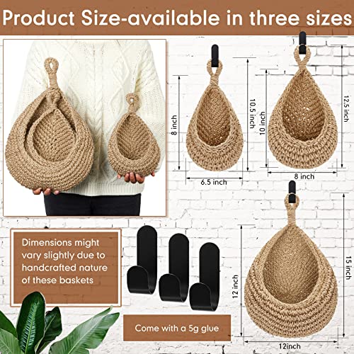 Image of Honeydak 3 Hanging Baskets, Light Linen, Teardrop, Cotton Rope