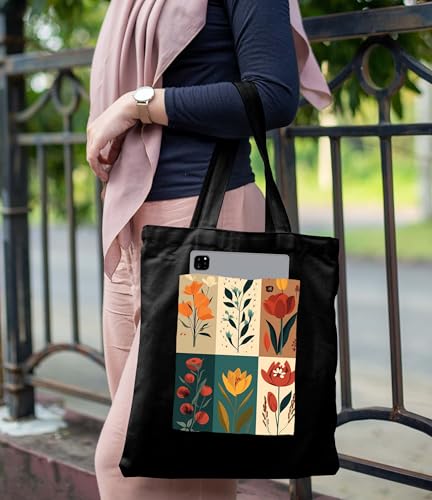 Image of ZORI Black Tote Bag With Pocket Printed Designed Canvas Tote Bags For Women large capacity,Tote bag For Shopping, College, Travel, More Canvas Handbag For Unisex Bag