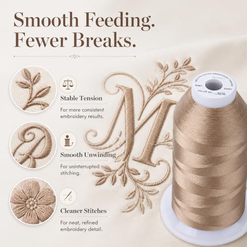 Image of Simthread Embroidery Machine Thread 5000M 40WT Polyester, Soft Beige S010 | 5000M 40WT polyester thread feeds smoothly for home or commercial embroidery projects.