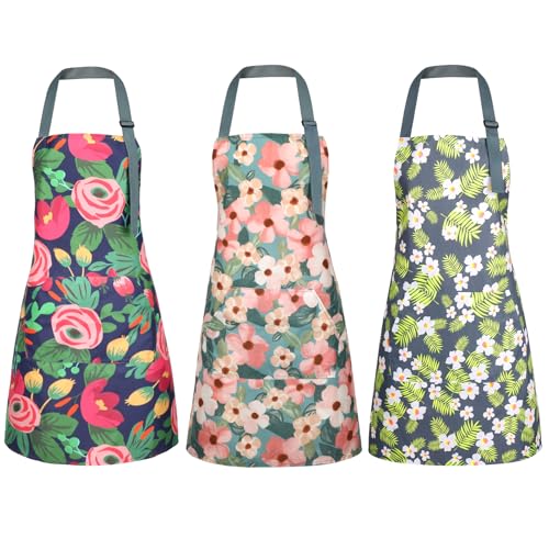 Image of BOUMUSOE 3 Pack Floral Aprons with Pocket, Blooming Womens Aprons Waterproof Adjustable Cooking Apron for Kitchen Gardening