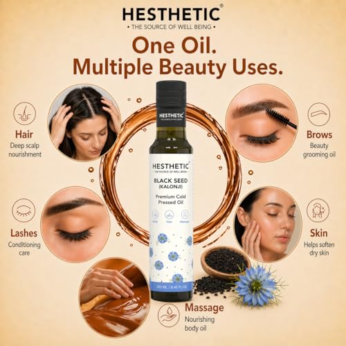 Image of HESTHETIC Cold Pressed Black Seed Oil 250ml for Hair, Skin & Scalp | Pure Kalonji (Nigella Sativa) Beauty Oil - Thymoquinone Rich | Glass Bottle | Pre-Wash Ritual & Facial Massage Use