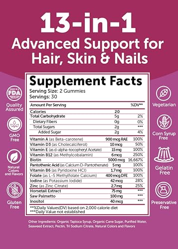 Image of Lunakai USA Made Super Hair Gummies with Biotin, Zinc, Horsetail Extract & Saw Palmetto - Hair Growth Vitamins for Women & Men - Supports Thicker, Longer, Stronger Tresses, Skin & Nails, 60ct