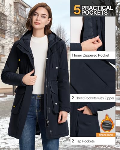 33,000ft Damen Wintermantel Lange Warme Winterjacke Parka Regenjacke Verdickene Funktionsjacke Mit Kapuze Übergangsjacke Outdoorjacke, Juwel Blau L