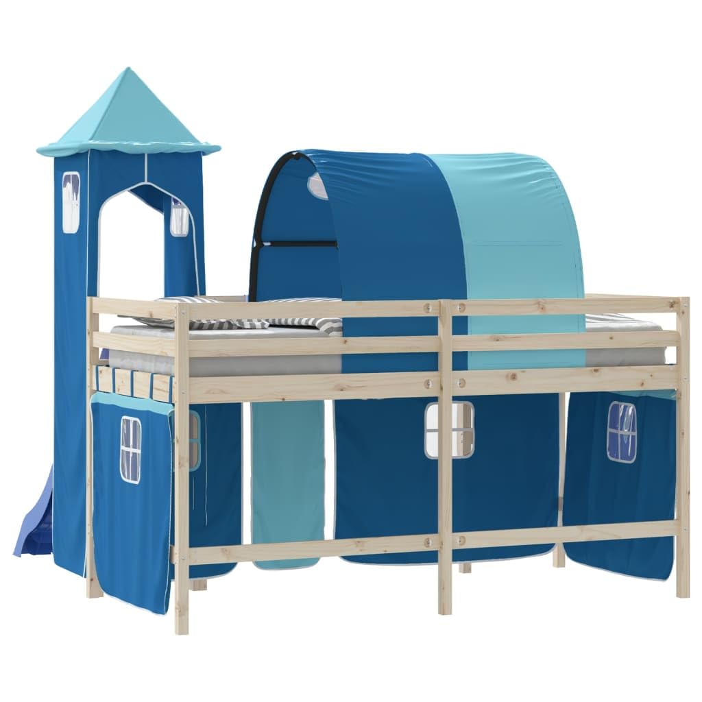 Cortinas para cama alta con túnel y torre azul de poliéster, juego de accesorios de 7 piezas con bolsillos de almacenamiento, fijación estable y diseño adecuado para niños