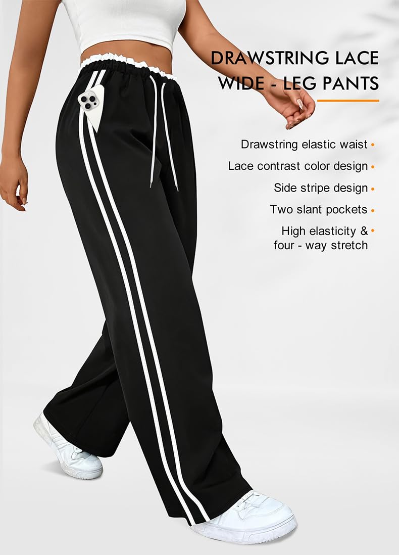 Generisch Pantalones casuales para mujer, tallas grandes, cintura alta, pantalones deportivos y pantalones de chándal para mujer, pantalones de chándal y pantalones de chándal con rayas, pierna ancha