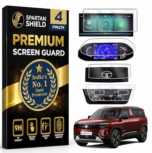 Image of SPARTAN SHIELD {4 PACK} Screen Guard For TATA SIERRA 2025+ || ADVENTURE, PURE & PURE+ || 10.25 Inch Infotainment Touchscreen + 7 Inch Instrument Cluster + AC Panel + Sterring Cluster Protector || Anti Scratch | Water Resistant | HD Clarity || TataSierra Car Accessory 2026 [NOT TEMPERED GLASS]