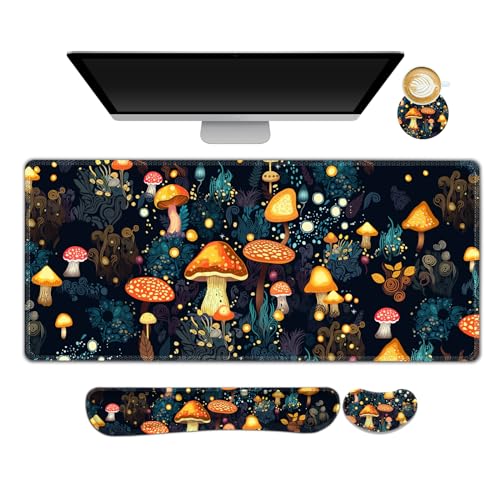 Image of ARTSO Large Gaming Mouse Pad, Keyboard Wrist Rest Pad & Wrist Support Mousepad Set, Stitched Edge, Extended, Non-Slip Base, Memory Foam Desk Mat for Office, Home, Cute Mushrooms