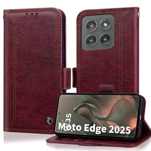 Étui en cuir synthétique Motorola Edge 2025 haut de gamme à rabat rouge