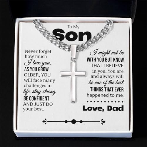 To My Son Gift, Cuban Chain with Cross Necklace, Sentimental Jewelry from Dad, Thoughtful Keepsake for Son, Inspirational Jewelry Message Card with Gift Box3