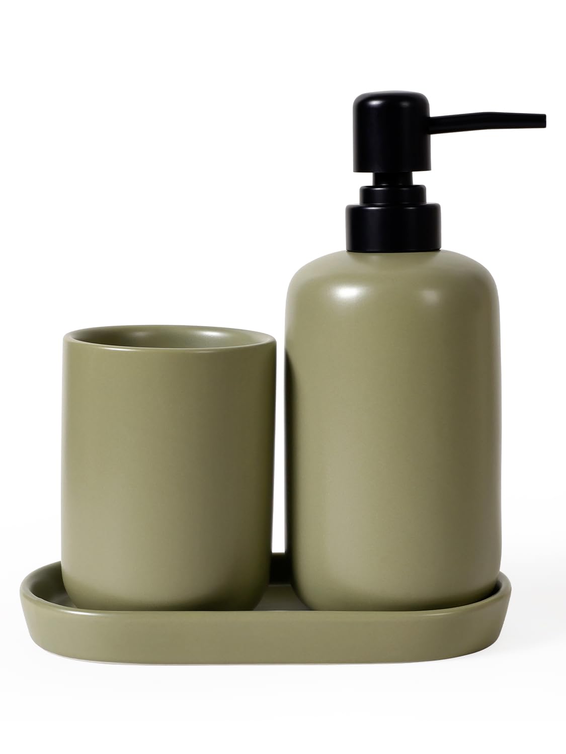 Badezimmer Zubehör Set Grün, 3-Teilig Keramik Bad Set Praktisch Bad Zubehör Set mit Schmal Seifenspender, Zahnputzbecher & Ablageschale für Bad, Waschbecken